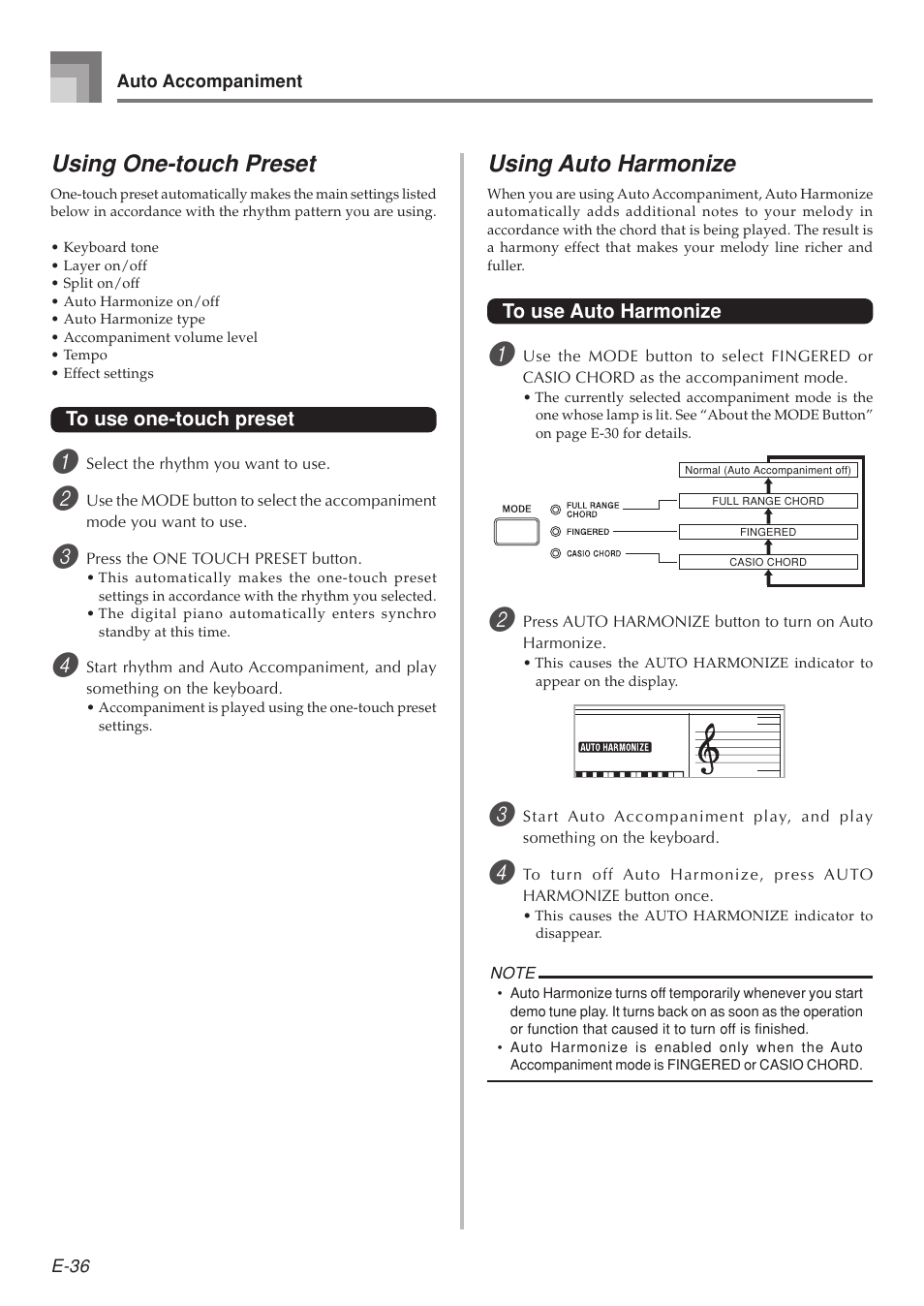 Using one-touch preset, Using auto harmonize | Casio 575E1A User Manual | Page 38 / 100