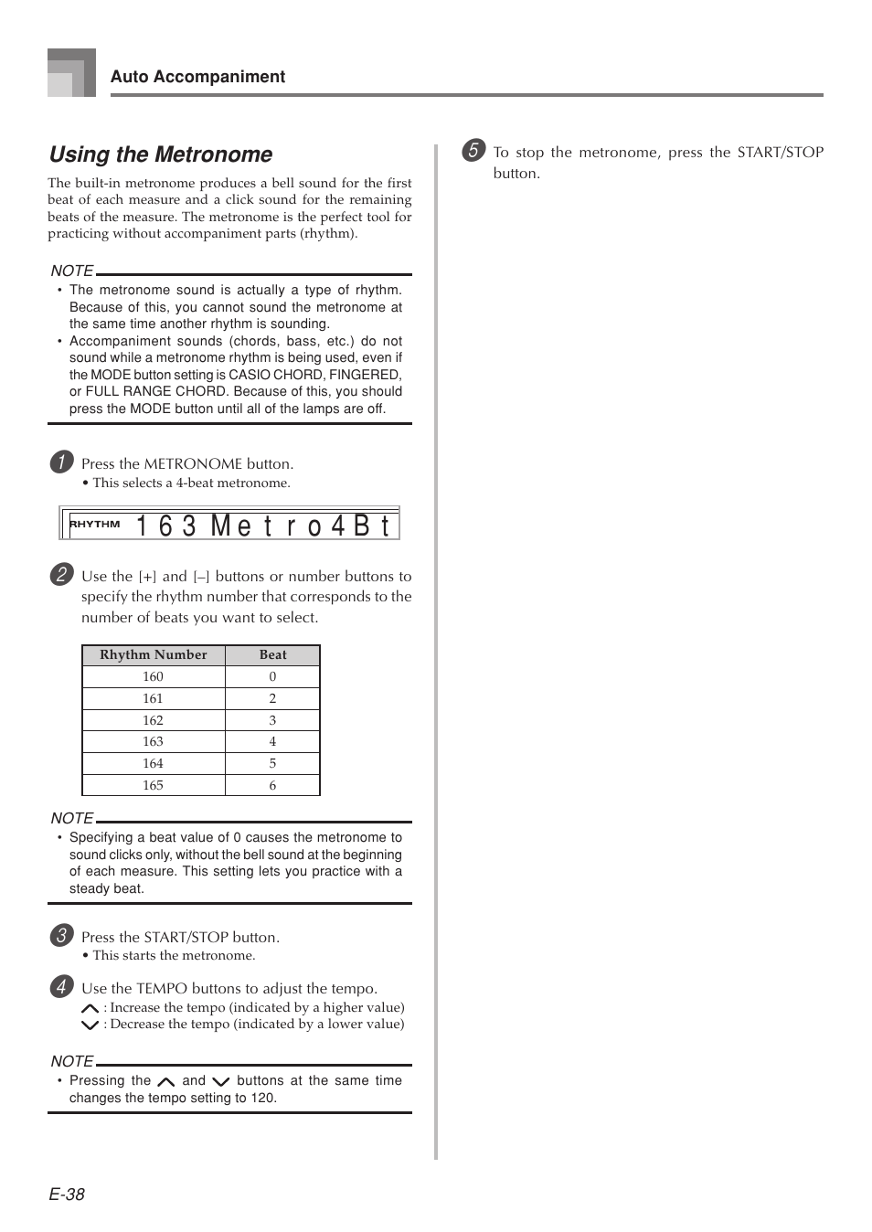 M e t 1 6 3 r o 4 b t, Using the metronome | Casio 575E1A User Manual | Page 40 / 100