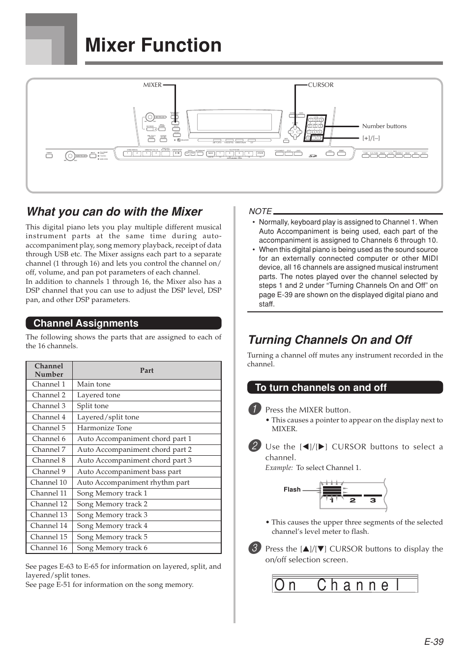 Mixer function, What you can do with the mixer, Turning channels on and off | Casio 575E1A User Manual | Page 41 / 100