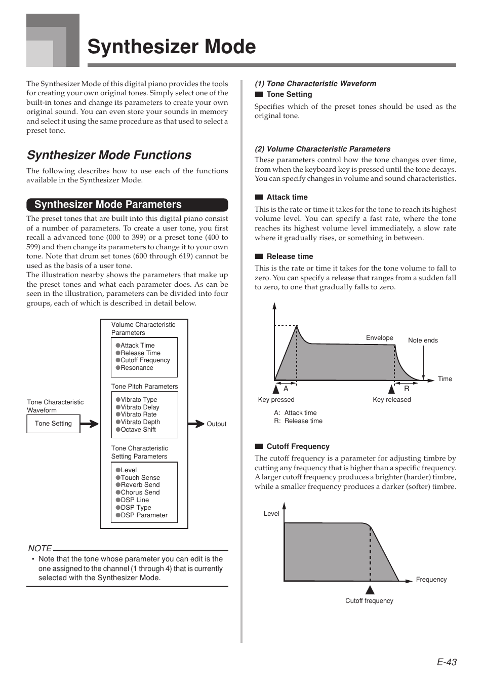 Synthesizer mode, Synthesizer mode functions, Synthesizer mode parameters | E-43 | Casio 575E1A User Manual | Page 45 / 100