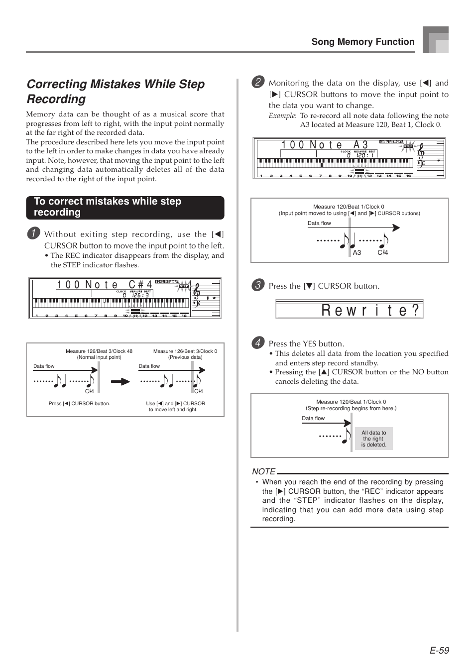 Correcting mistakes while step recording, N o t 1 0 0 e c # 4, N o t 1 0 0 e a 3 | Casio 575E1A User Manual | Page 61 / 100