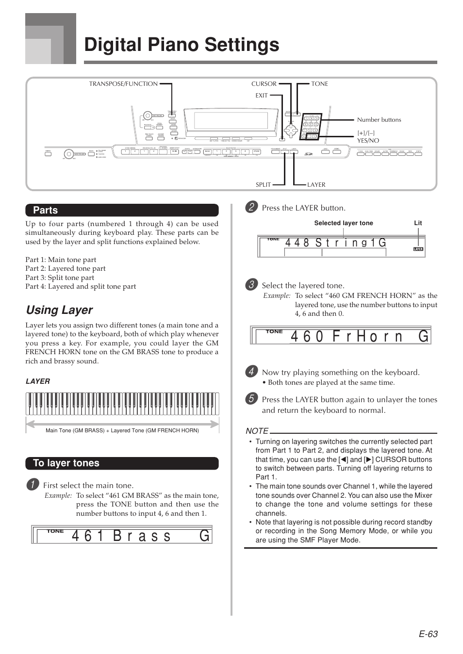 Digital piano settings, F r h 4 6 0 o r n g, B r a 4 6 1 s s g | Using layer, S t r 4 4 8, Ni 1 g | Casio 575E1A User Manual | Page 65 / 100