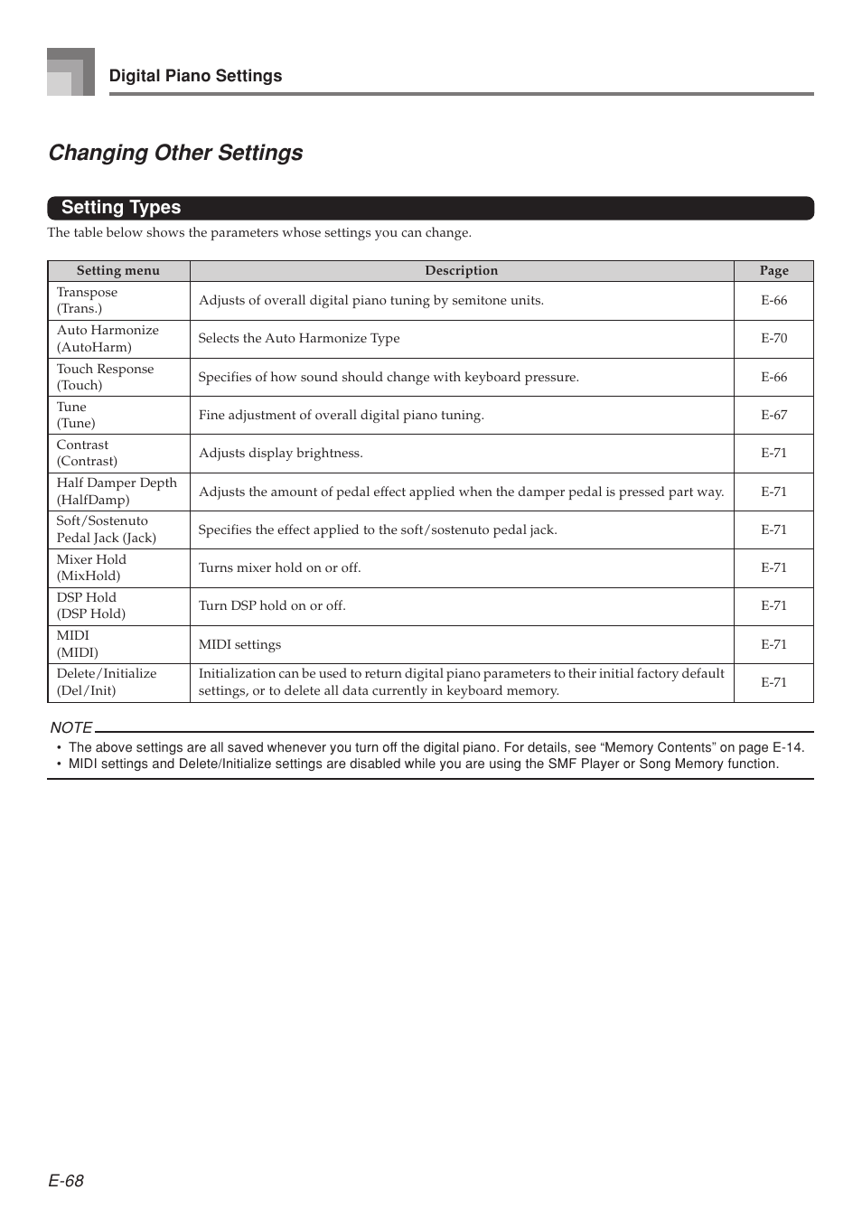 Changing other settings, Setting types | Casio 575E1A User Manual | Page 70 / 100