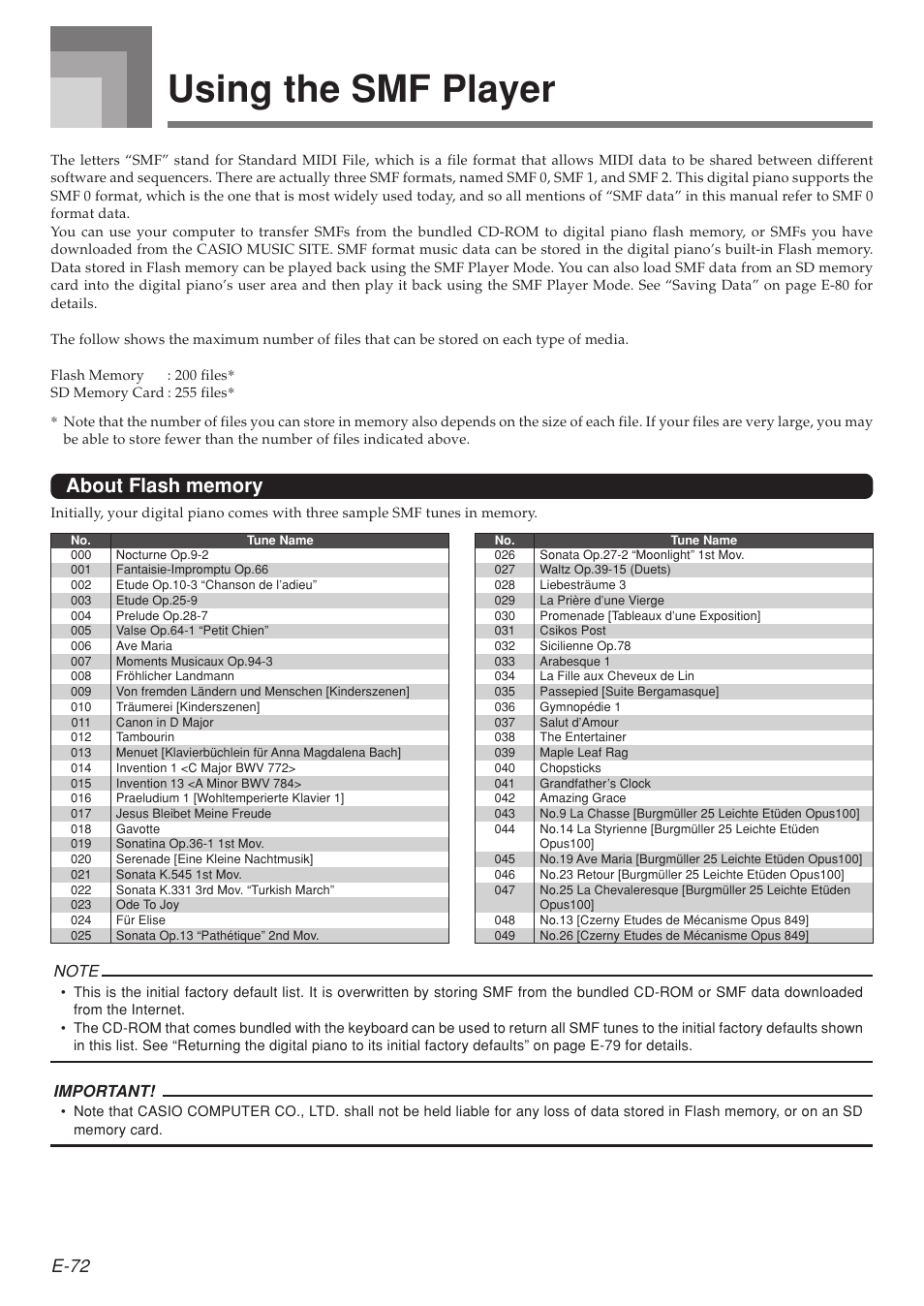 Using the smf player, E-72 | Casio 575E1A User Manual | Page 74 / 100