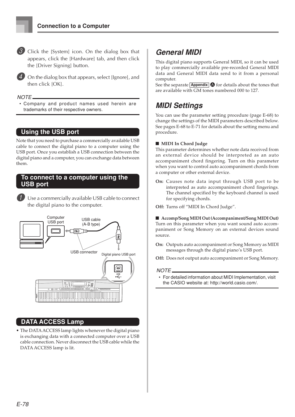 General midi, Midi settings, Using the usb port | Data access lamp | Casio 575E1A User Manual | Page 80 / 100