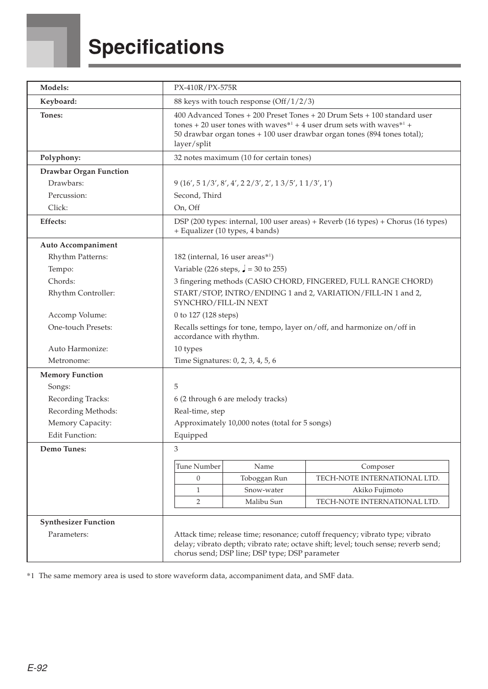 Specifications, E-92 | Casio 575E1A User Manual | Page 94 / 100