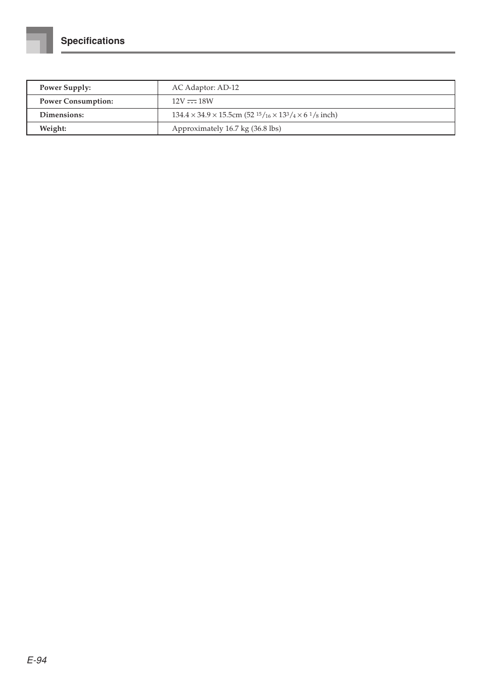 E-94, Specifications | Casio 575E1A User Manual | Page 96 / 100