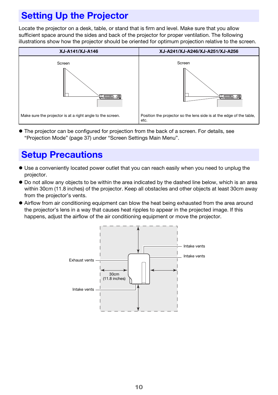Setting up the projector, Setup precautions | Casio XJ-A241/XJ-A246* User Manual | Page 10 / 56