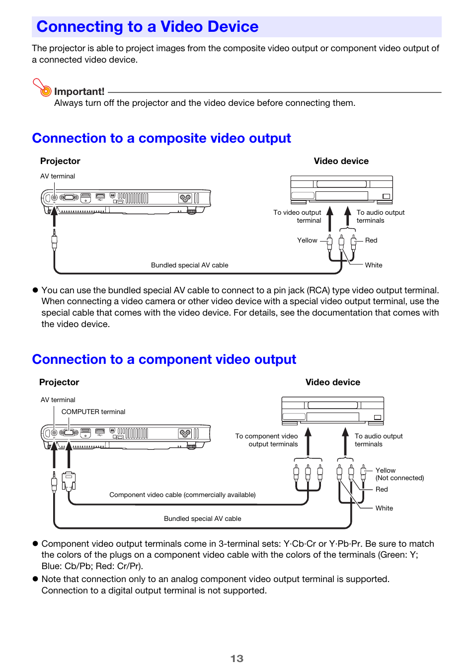 Connecting to a video device, Connection to a composite video output, Connection to a component video output | Important | Casio XJ-A241/XJ-A246* User Manual | Page 13 / 56