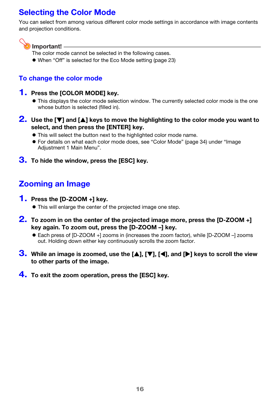Selecting the color mode, Zooming an image | Casio XJ-A241/XJ-A246* User Manual | Page 16 / 56