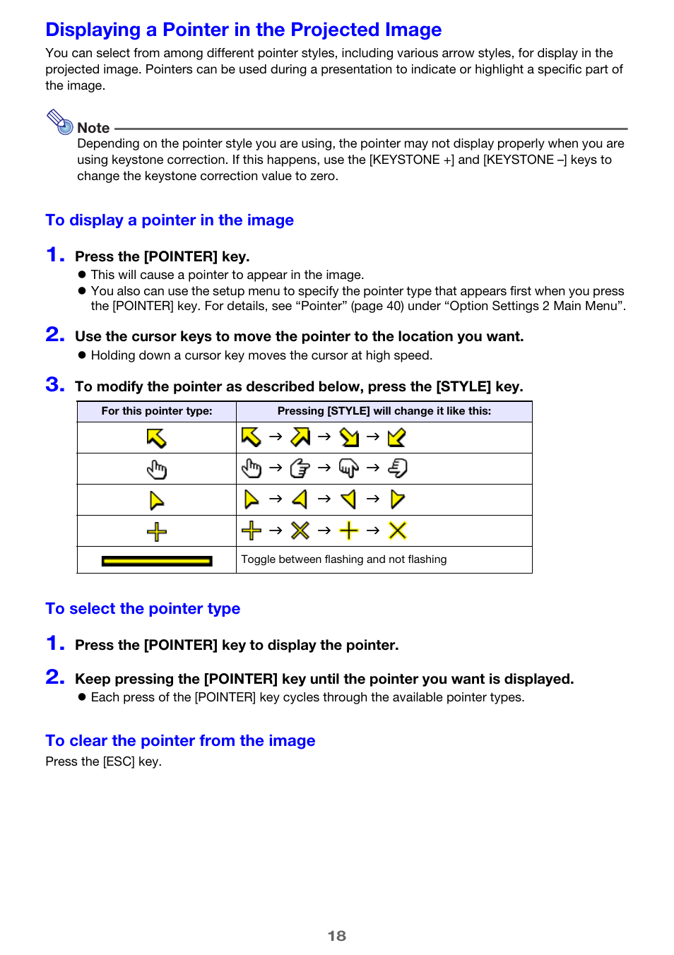 Displaying a pointer in the projected image | Casio XJ-A241/XJ-A246* User Manual | Page 18 / 56
