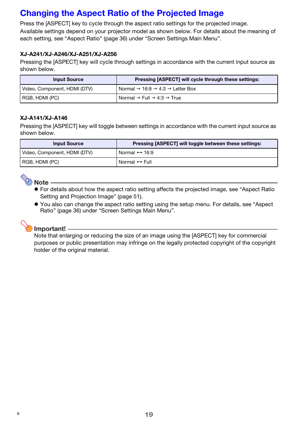 Changing the aspect ratio of the projected image, E 19 | Casio XJ-A241/XJ-A246* User Manual | Page 19 / 56