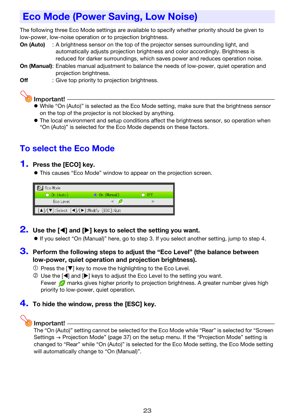 Eco mode (power saving, low noise), To select the eco mode, E 23) | Casio XJ-A241/XJ-A246* User Manual | Page 23 / 56