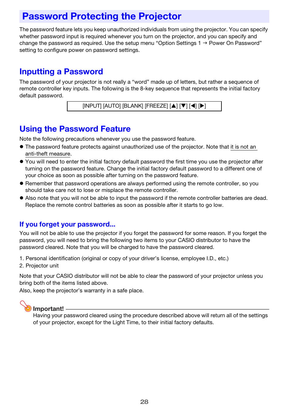 Password protecting the projector, Inputting a password, Using the password feature | Casio XJ-A241/XJ-A246* User Manual | Page 28 / 56