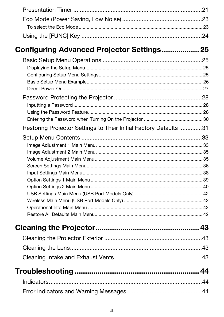 Configuring advanced projector settings, Cleaning the projector, Troubleshooting | Casio XJ-A241/XJ-A246* User Manual | Page 4 / 56