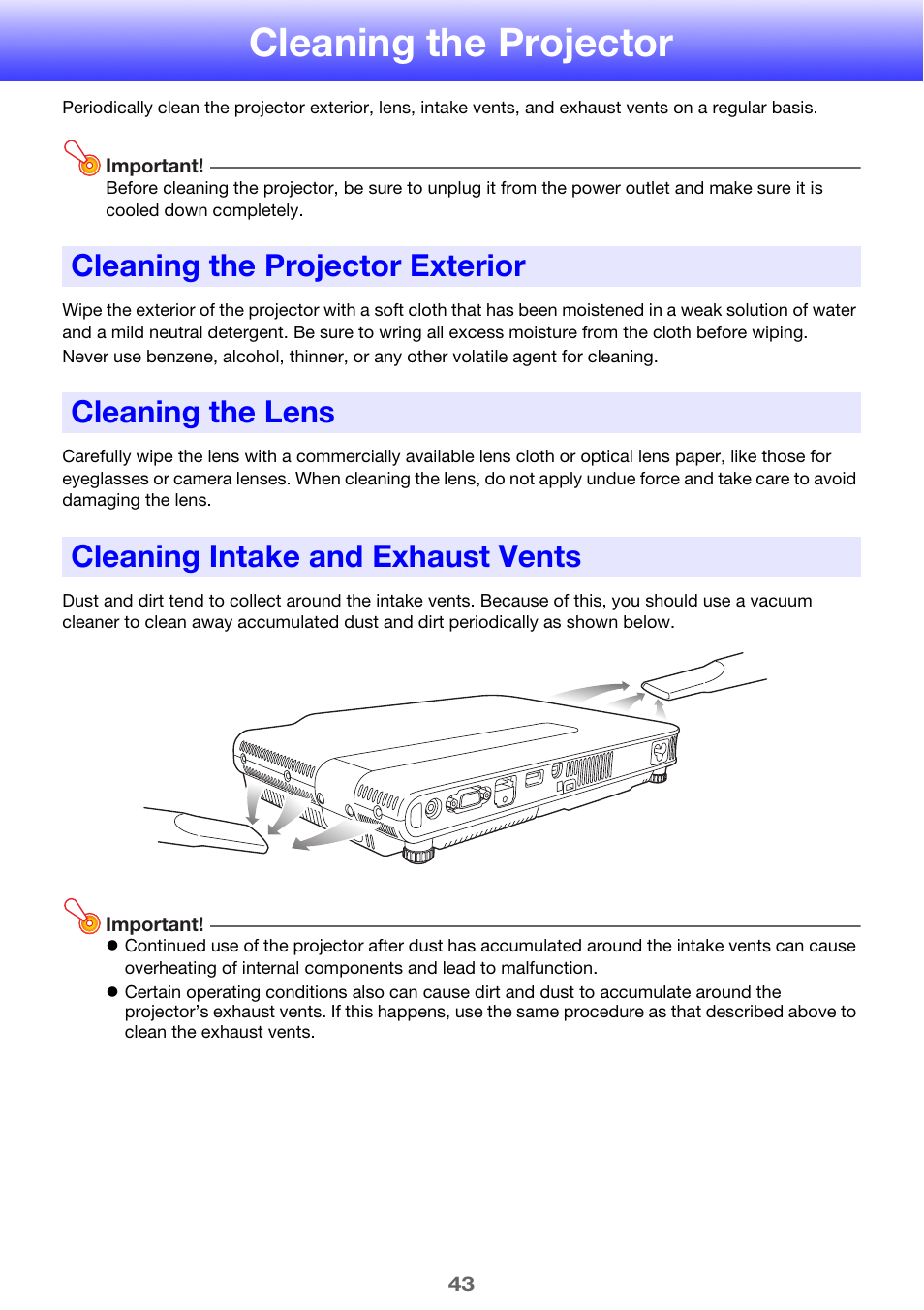 Cleaning the projector, Cleaning the projector exterior, Cleaning the lens | Cleaning intake and exhaust vents | Casio XJ-A241/XJ-A246* User Manual | Page 43 / 56