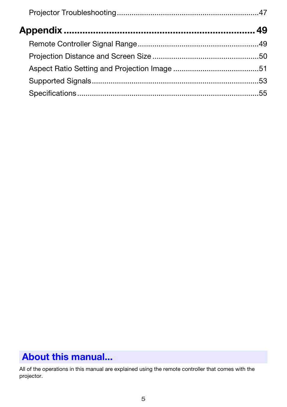 About this manual, Appendix | Casio XJ-A241/XJ-A246* User Manual | Page 5 / 56