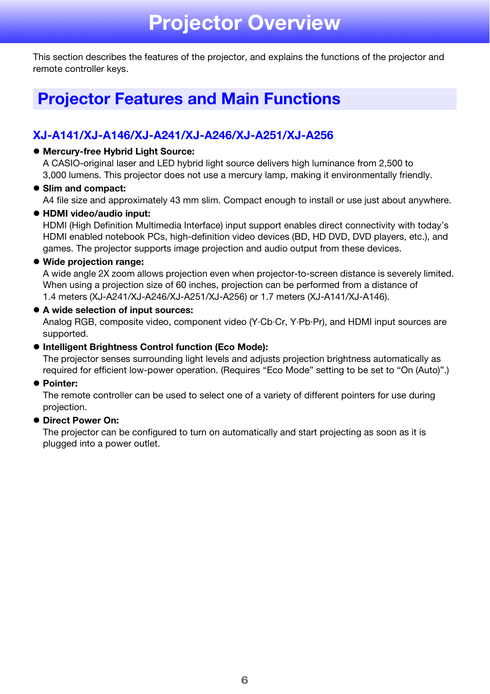 Projector overview, Projector features and main functions | Casio XJ-A241/XJ-A246* User Manual | Page 6 / 56
