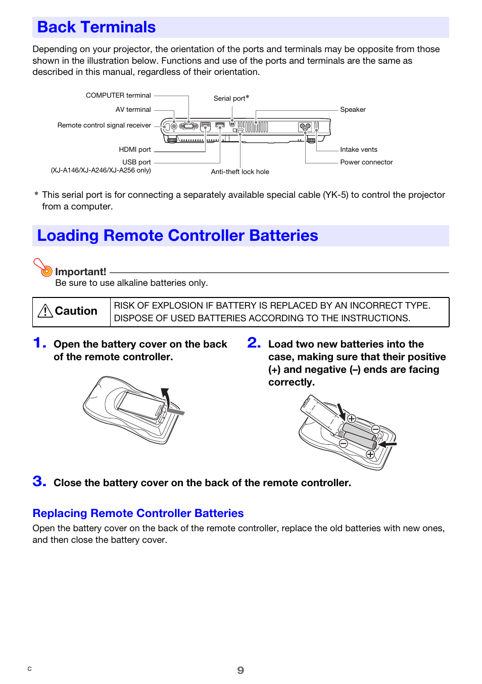 Back terminals, Loading remote controller batteries, Back terminals loading remote controller batteries | Casio XJ-A241/XJ-A246* User Manual | Page 9 / 56