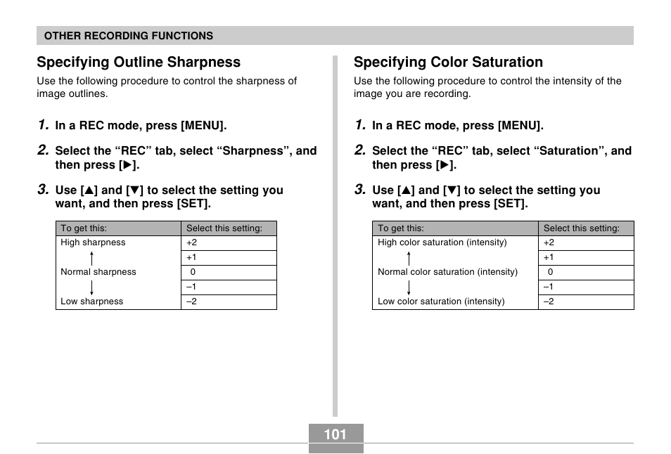 Specifying outline sharpness, Specifying color saturation | Casio EX-Z50 User Manual | Page 101 / 208