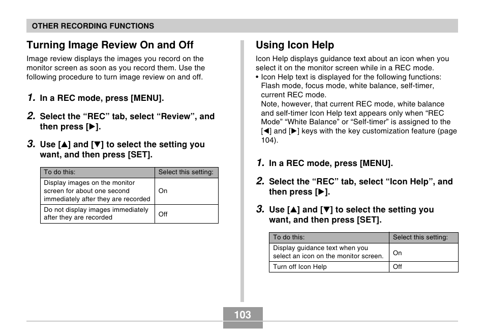 Turning image review on and off, Using icon help | Casio EX-Z50 User Manual | Page 103 / 208