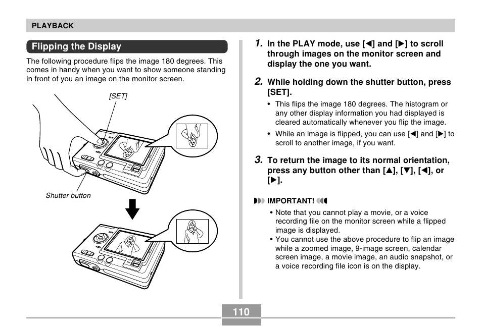Flipping the display | Casio EX-Z50 User Manual | Page 110 / 208