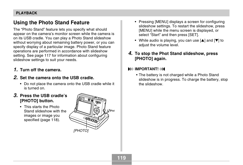 Using the photo stand feature | Casio EX-Z50 User Manual | Page 119 / 208