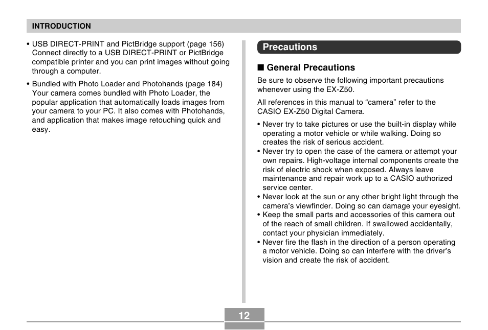 Precautions | Casio EX-Z50 User Manual | Page 12 / 208