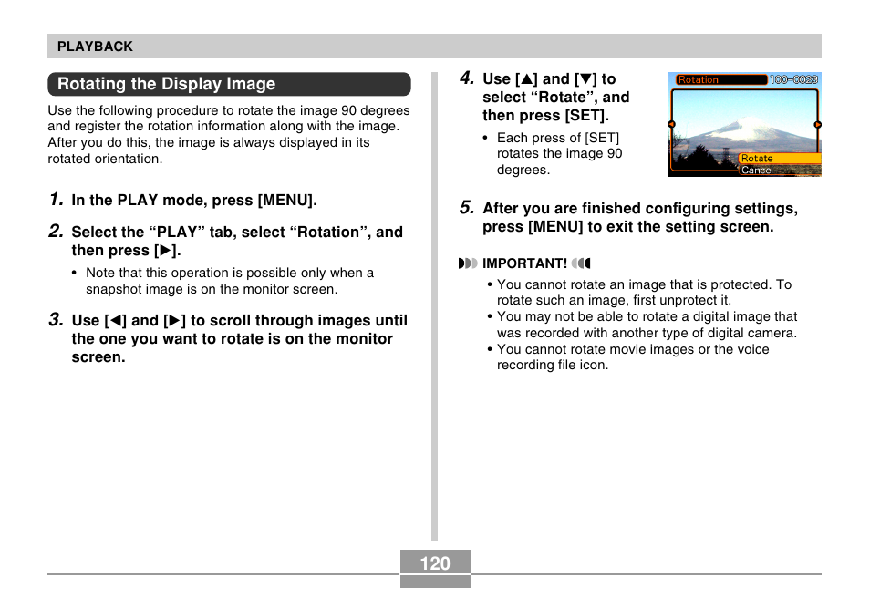 Rotating the display image | Casio EX-Z50 User Manual | Page 120 / 208
