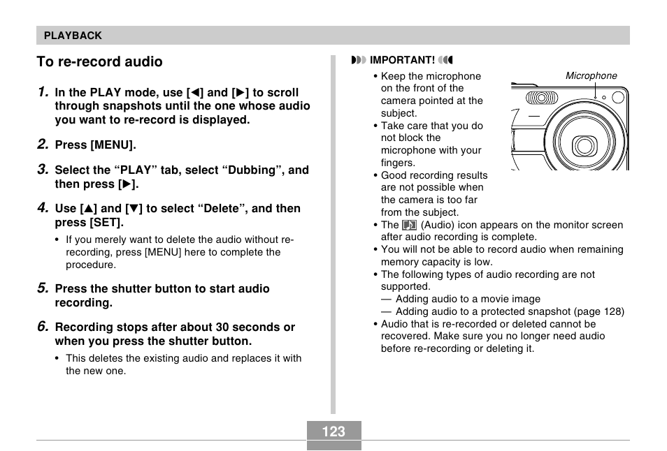 To re-record audio | Casio EX-Z50 User Manual | Page 123 / 208