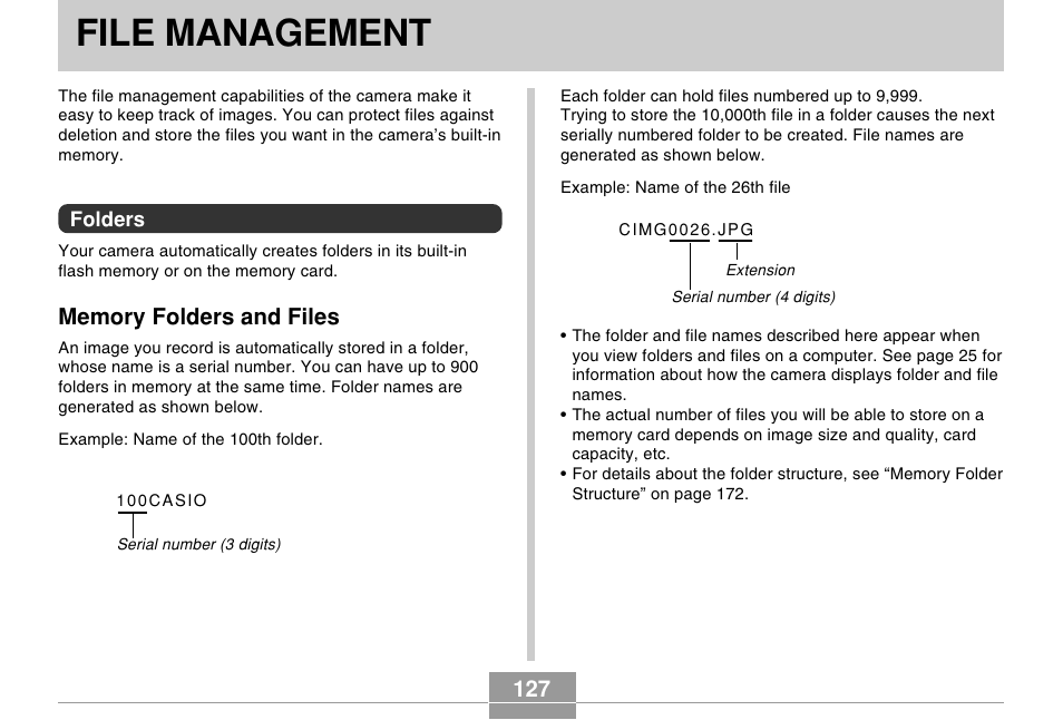 File management, Folders, Memory folders and files | Casio EX-Z50 User Manual | Page 127 / 208