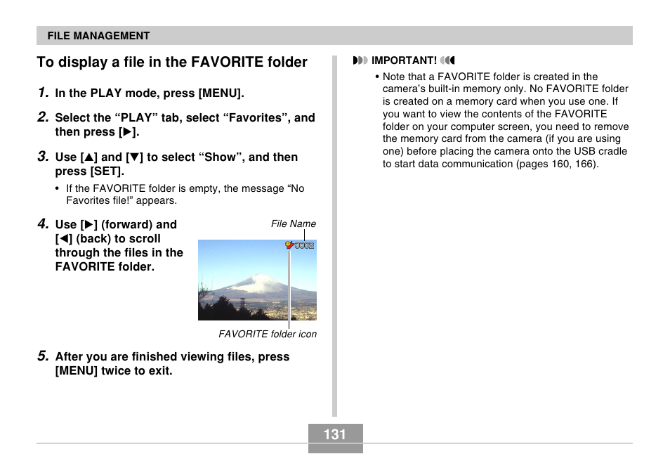 To display a file in the favorite folder, 131 to display a file in the favorite folder 1 | Casio EX-Z50 User Manual | Page 131 / 208