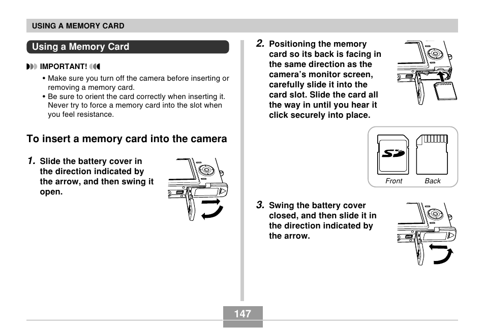 Using a memory card, To insert a memory card into the camera | Casio EX-Z50 User Manual | Page 147 / 208