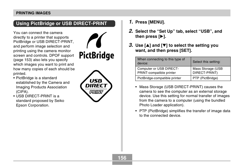 Using pictbridge or usb direct-print | Casio EX-Z50 User Manual | Page 156 / 208