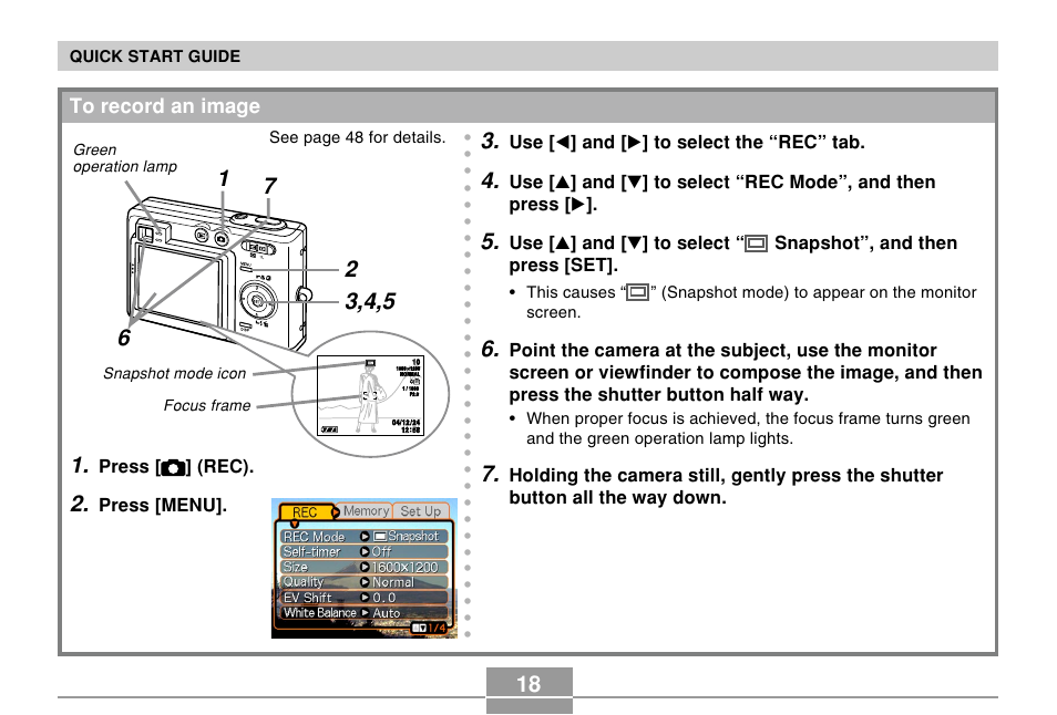 To record an image, Press [ ] (rec), Press [menu | Use [ ̇ ] and [ ̈ ] to select the “rec” tab | Casio EX-Z50 User Manual | Page 18 / 208