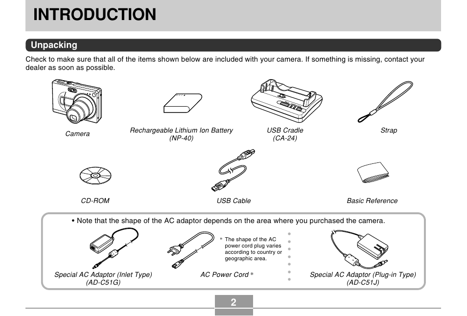 Introduction, Unpacking | Casio EX-Z50 User Manual | Page 2 / 208