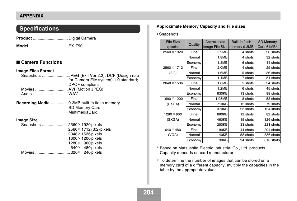 Specifications | Casio EX-Z50 User Manual | Page 204 / 208