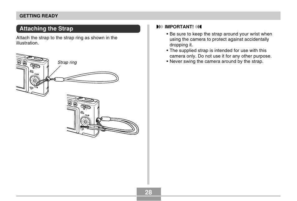 Attaching the strap | Casio EX-Z50 User Manual | Page 28 / 208