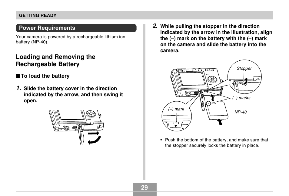 Power requirements, Loading and removing the rechargeable battery | Casio EX-Z50 User Manual | Page 29 / 208