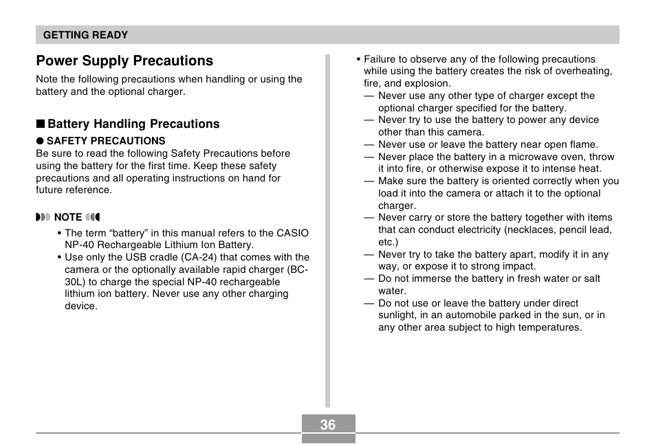 Power supply precautions, 36 power supply precautions | Casio EX-Z50 User Manual | Page 36 / 208