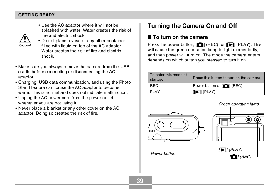 Turning the camera on and off | Casio EX-Z50 User Manual | Page 39 / 208