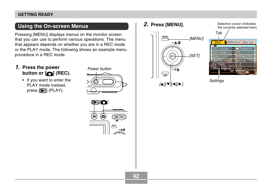 Using the on-screen menus | Casio EX-Z50 User Manual | Page 42 / 208