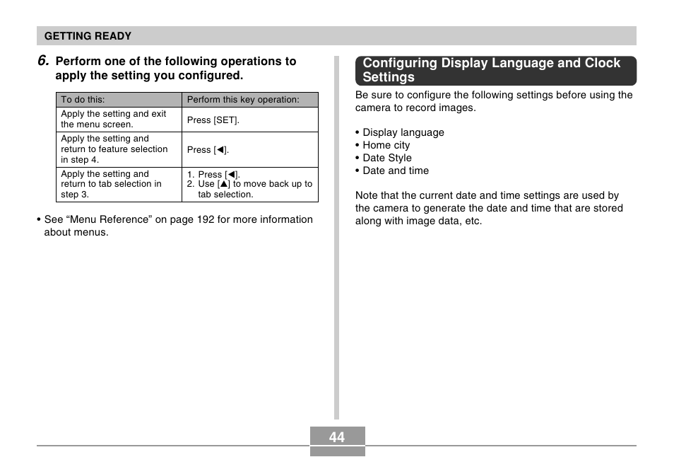 Configuring display language and clock settings | Casio EX-Z50 User Manual | Page 44 / 208