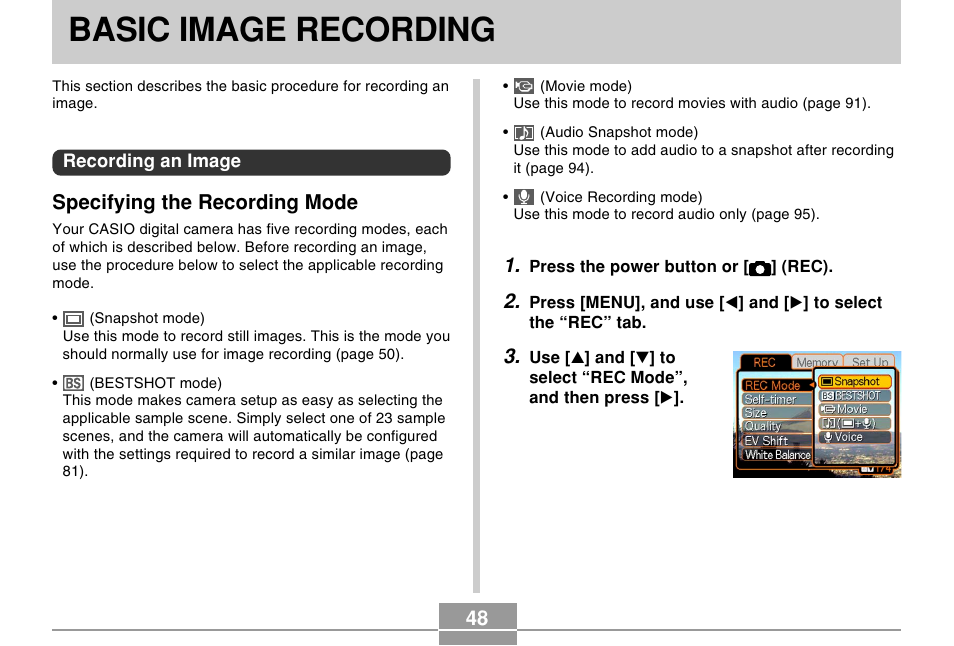 Basic image recording, Recording an image, Specifying the recording mode | Casio EX-Z50 User Manual | Page 48 / 208