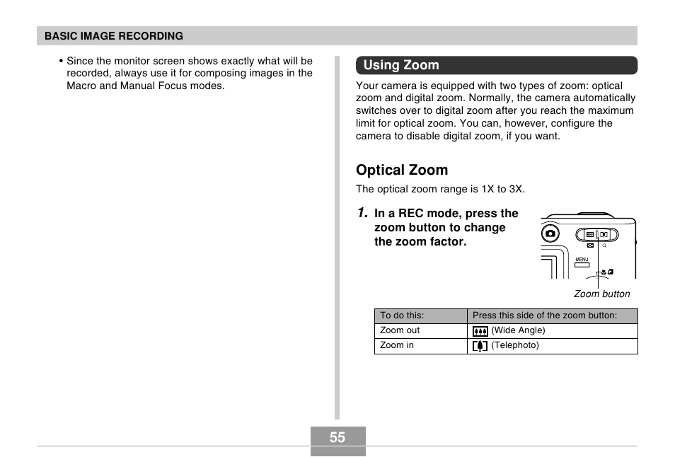 Using zoom, Optical zoom | Casio EX-Z50 User Manual | Page 55 / 208