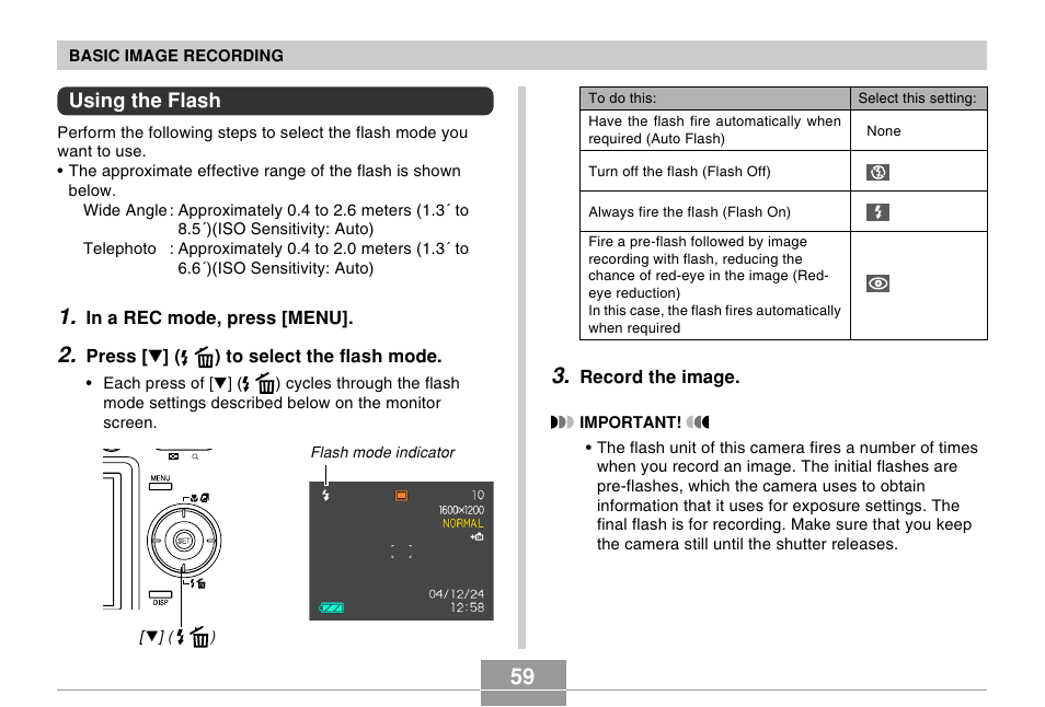 Using the flash | Casio EX-Z50 User Manual | Page 59 / 208