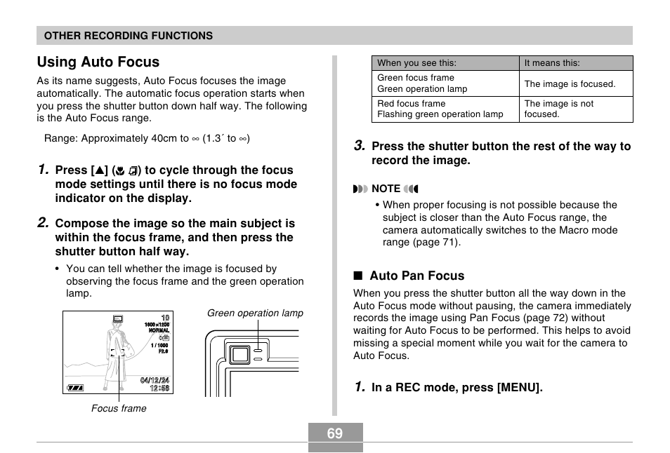 Using auto focus, Auto pan focus | Casio EX-Z50 User Manual | Page 69 / 208