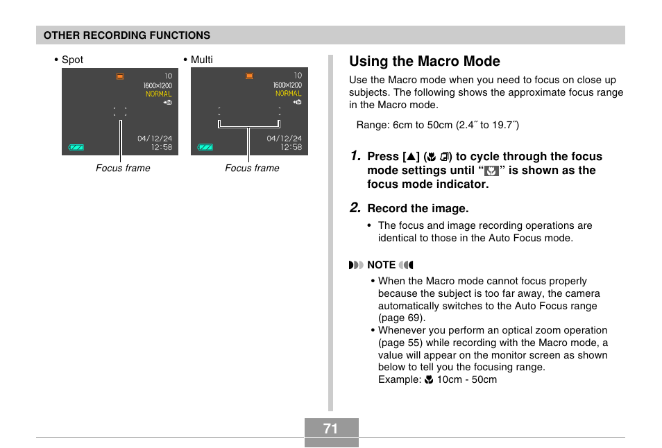 Using the macro mode | Casio EX-Z50 User Manual | Page 71 / 208