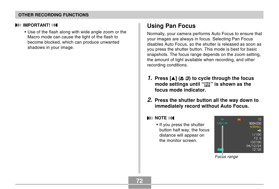 Using pan focus | Casio EX-Z50 User Manual | Page 72 / 208