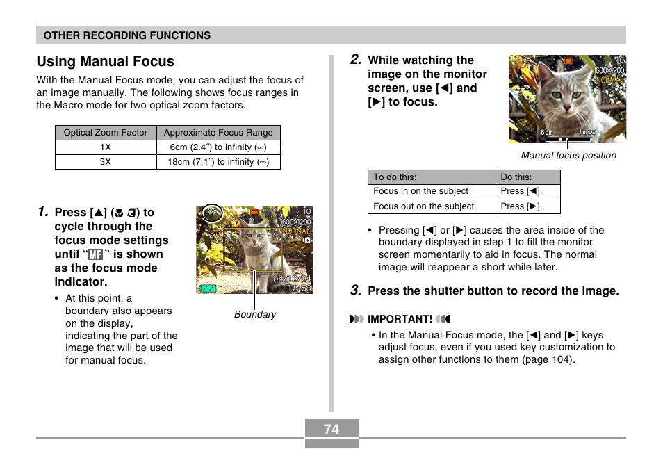 Using manual focus | Casio EX-Z50 User Manual | Page 74 / 208